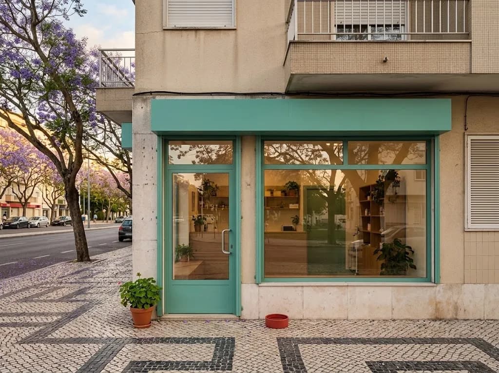 Ilustração da fachada de uma pequena clínica veterinária numa avenida de Setúbal
